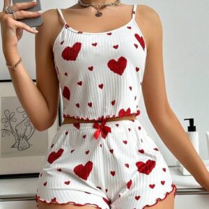 Women’s Heart Print Nightwear Set – Soft & Cute Sleeveless Top & Shorts